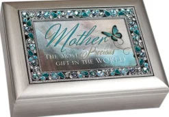 Sale Brushed Silver Finish Decorative Jewel Lid Musical Music Jewelry Box - Plays Wind Beneath My Wings Novelty