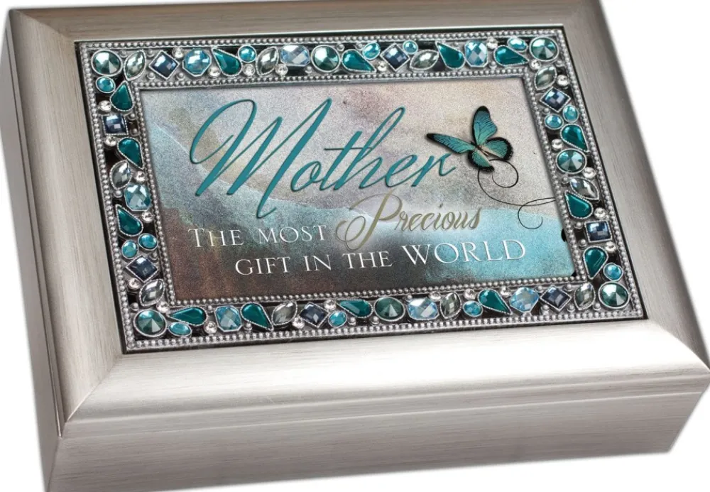 Sale Brushed Silver Finish Decorative Jewel Lid Musical Music Jewelry Box - Plays Wind Beneath My Wings Novelty