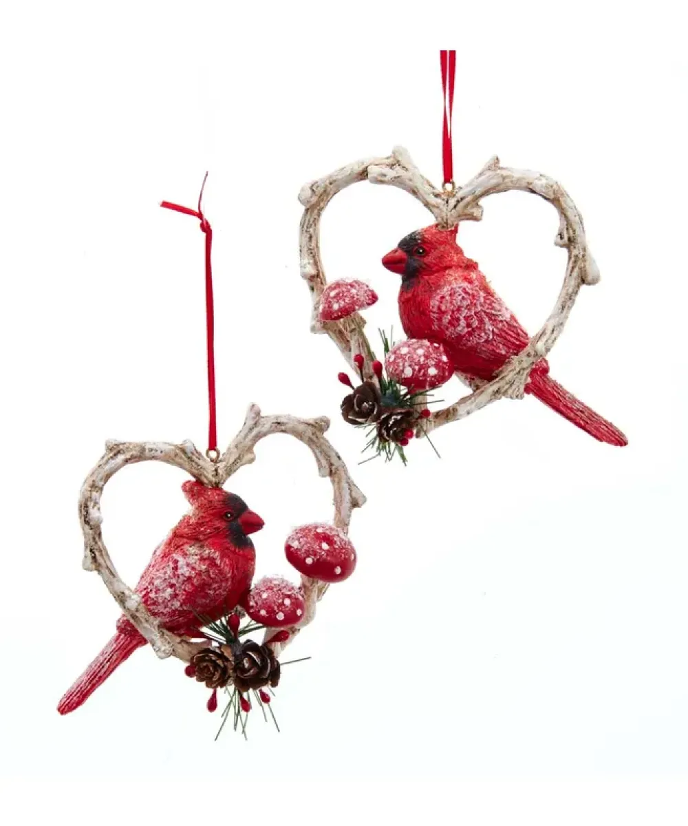Kurt S Adler Cardinal Birds In Heart Frame Ornaments Set/2, D3892, Kurt Adler^ Resin