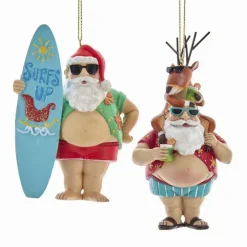 Kurt S Adler Chubby Santa With Surfboard/Reindeer Ornament, E0491, Kurt Adler^ Santas