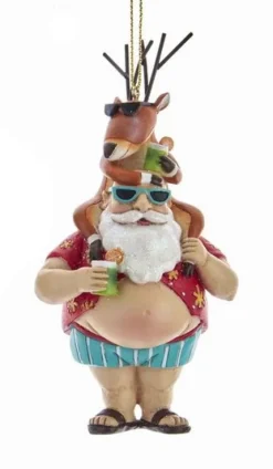 Kurt S Adler Chubby Santa With Surfboard/Reindeer Ornament, E0491, Kurt Adler^ Santas