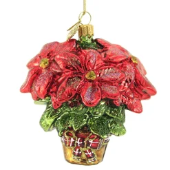 Huras Family Huras, Poinsettia With Plain Bow Glass Ornament Floral Flower, S462^ Glass