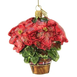 Huras Family Huras, Poinsettia With Plain Bow Glass Ornament Floral Flower, S462^ Glass