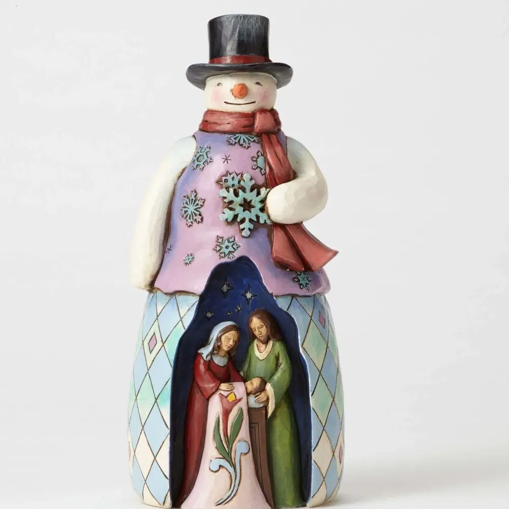 Enesco Snowman With Holy Family Scene^ Resin